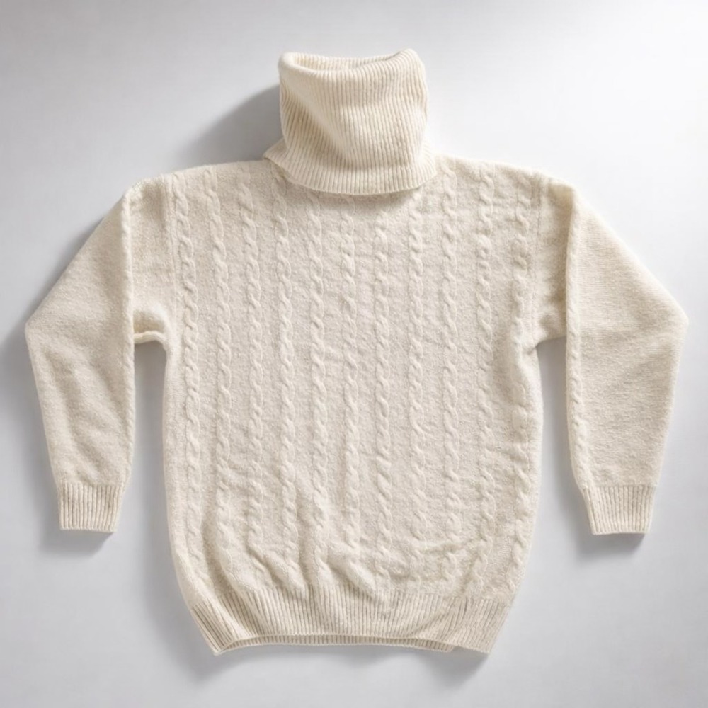 Vintage Angora Lambswool Cable Knit Turtleneck Sweater Ivory Minimalist Preppy-M